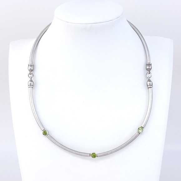 Vintage Sterling Silver 925 Green Peridot Accent Modernist Collar Necklace 16" - Picture 1 of 11